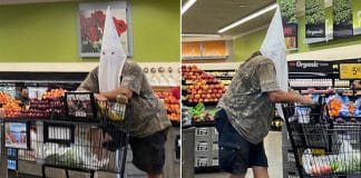 Coronavirus - un homme porte une cagoule du Ku Klux Klan pour faire ses courses
