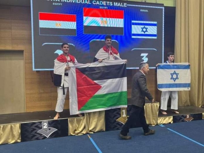 Slovénie - des joueurs égyptiens brandissent le drapeau de la Palestine après avoir battu Israël
