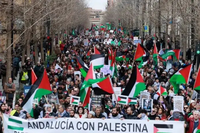 Manifestation à Grenade, Espagne, le 20 janvier 2024 : habitants brandissant des drapeaux palestiniens en solidarité avec Gaza