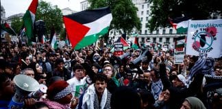 Manifestants pro-palestiniens réunis sur la Museumplein à Amsterdam lors d’une marche pour Gaza, réclamant une politique plus ferme du gouvernement néerlandais envers Israël, le 5 octobre 2025.