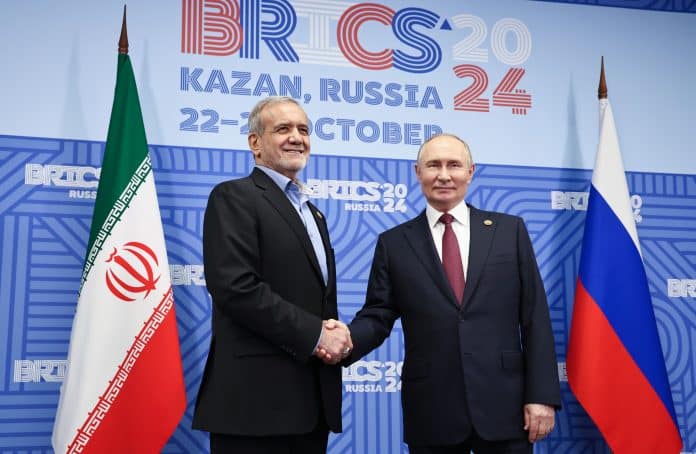 Russian President Putin Bilateral with Iranian President Pezeshkian at the 16th BRICS Summit, Kazan, Tatarstan Republic, Russia - 23 Oct 2024